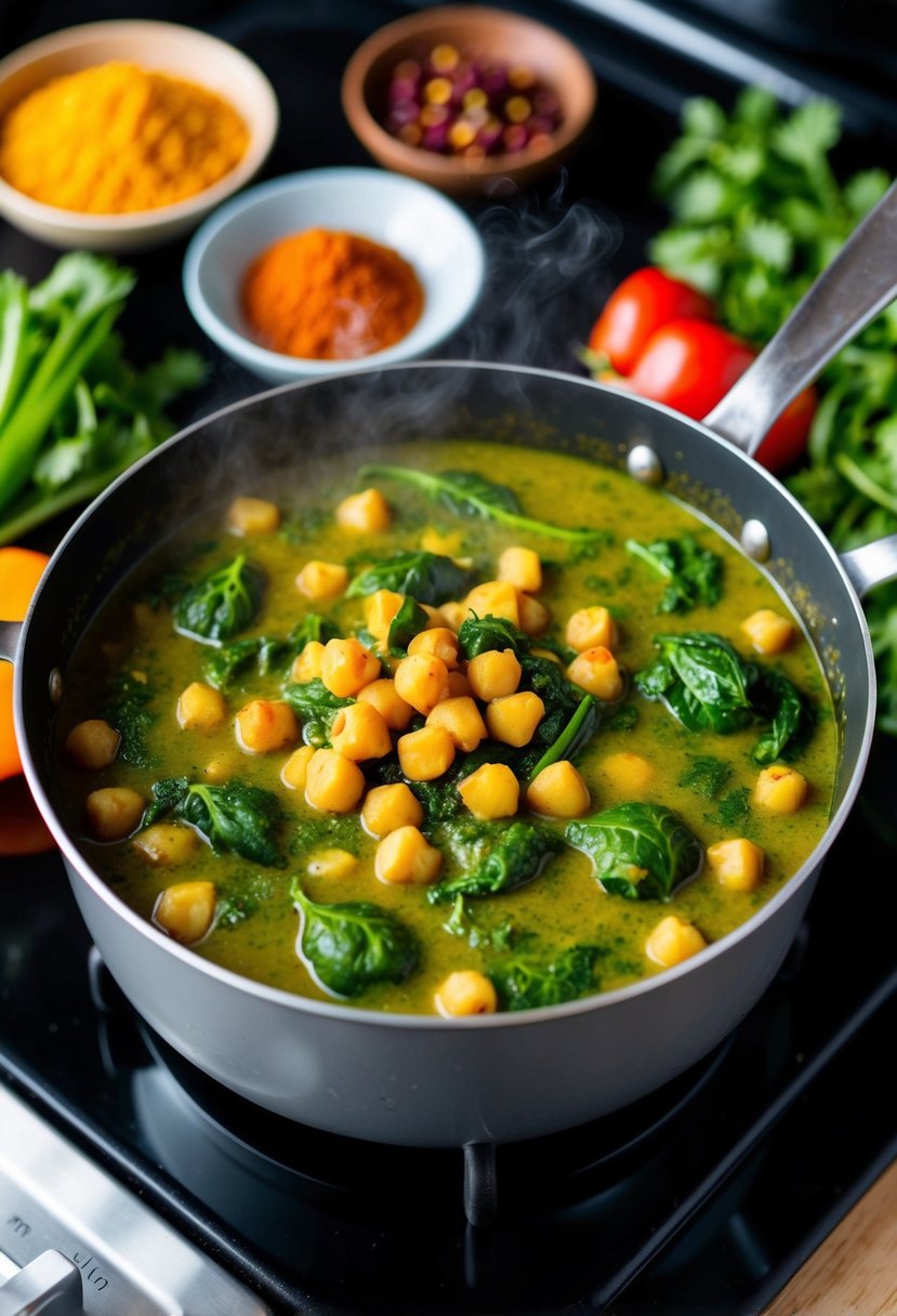 A steaming pot of chickpea spinach curry simmering on a stove, surrounded by colorful spices and fresh vegetables