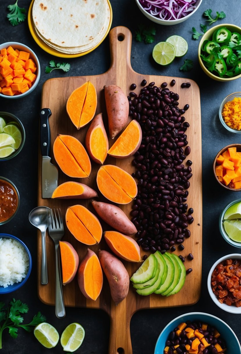 A colorful array of sweet potato, black beans, and tortillas arranged on a wooden cutting board, surrounded by vibrant ingredients and cooking utensils