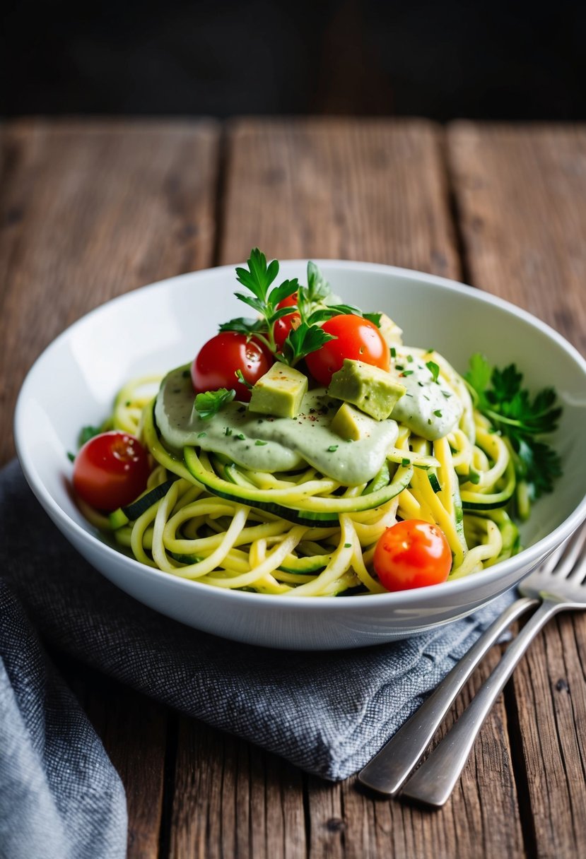 A bowl of zucchini noodles topped with creamy avocado sauce, garnished with fresh herbs and cherry tomatoes, sits on a rustic wooden table