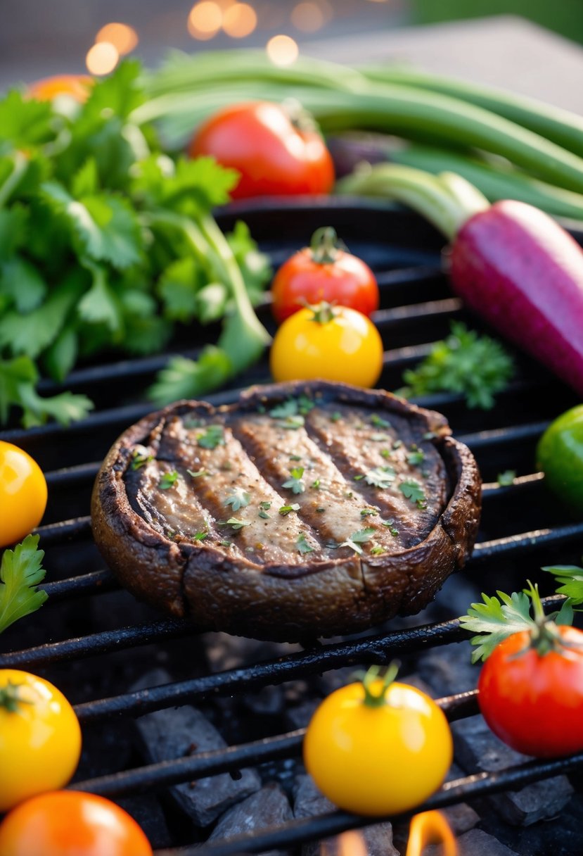 A sizzling portobello mushroom steak on a grill, surrounded by colorful vegetables and herbs