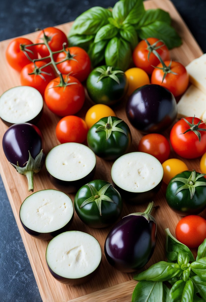 A colorful array of fresh eggplants, tomatoes, basil, and vegan cheese arranged on a wooden cutting board, ready to be assembled into a delicious eggplant lasagna