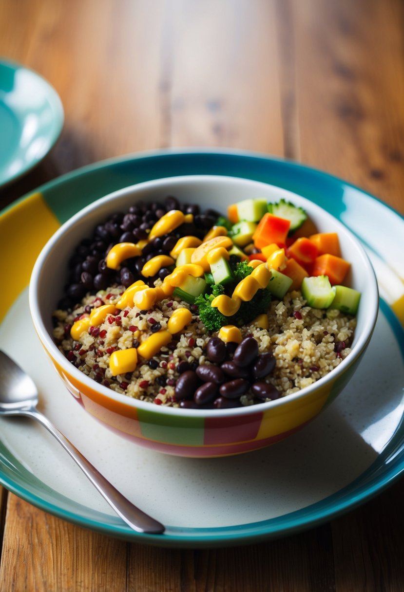 A colorful bowl filled with quinoa, black beans, diced vegetables, and a drizzle of sauce, set on a wooden table