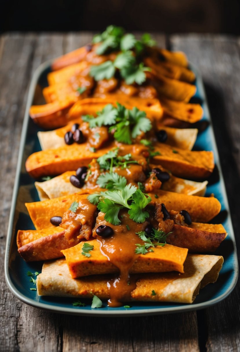 A colorful array of sweet potato and black bean enchiladas, topped with savory sauce and fresh herbs, served on a rustic wooden table