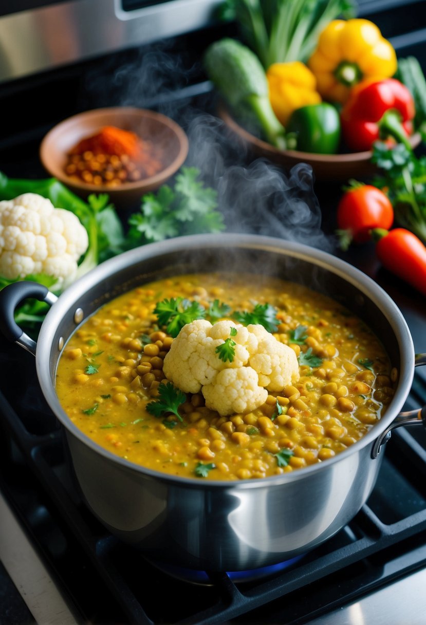 A steaming pot of cauliflower lentil dal simmering on a stovetop, surrounded by vibrant spices and fresh vegetables