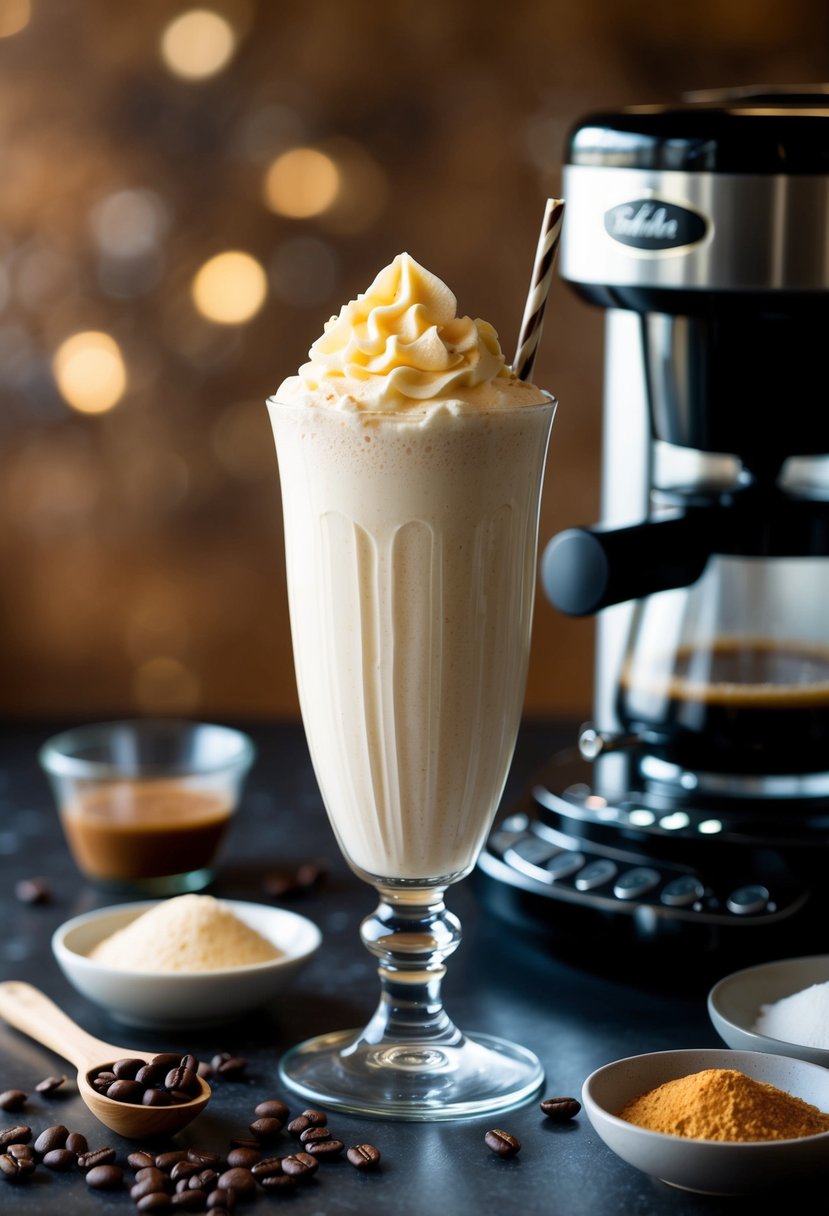 A tall glass filled with creamy vanilla keto frappe, surrounded by a coffee machine and ingredients