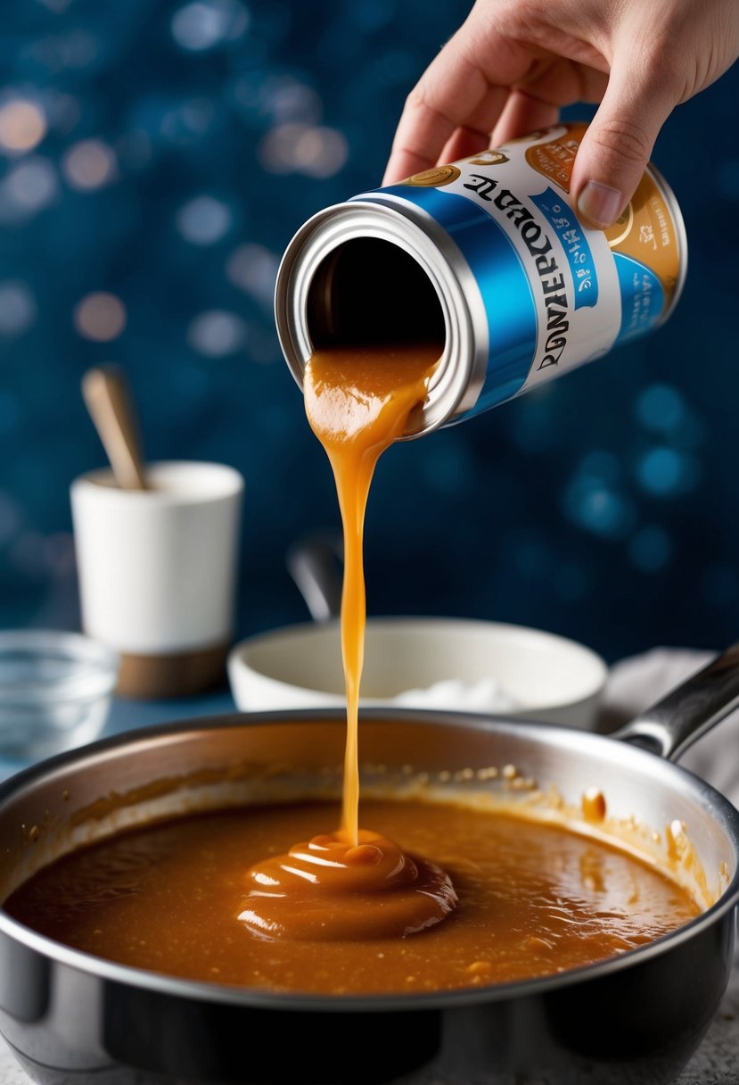 A can of evaporated milk pouring into a pot with caramelizing sugar, creating a creamy dulce de leche sauce