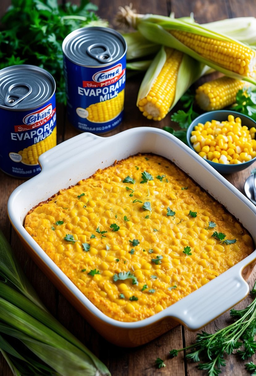 A golden sweet corn pudding baking in a ceramic dish, surrounded by cans of evaporated milk, corn cobs, and a scattering of fresh herbs