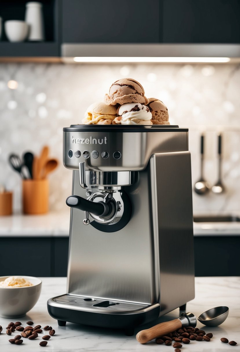 A modern kitchen with a hazelnut keto coffee ice cream machine swirling out delicious frozen treats