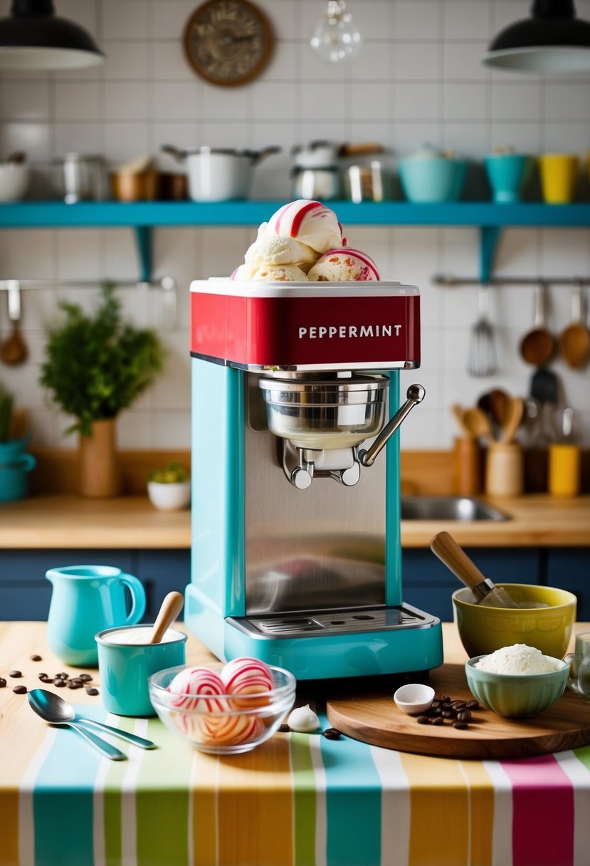 A colorful kitchen counter with a peppermint coffee ice cream machine surrounded by ingredients and utensils