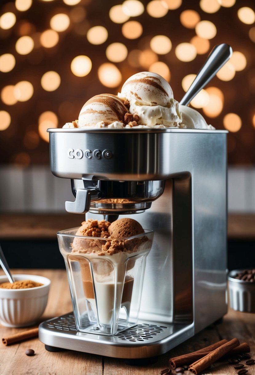 A keto coffee ice cream machine blending cinnamon latte crunch ingredients