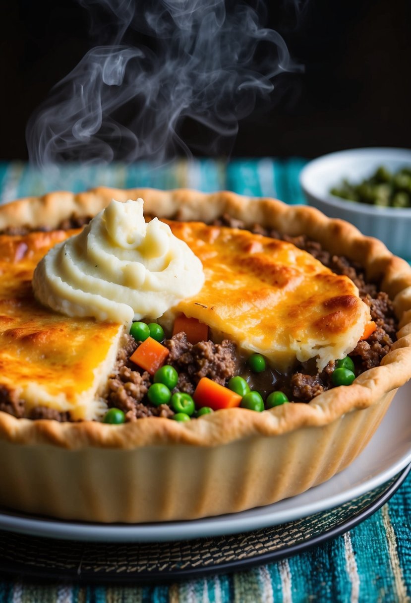 A steaming shepherd's pie, golden brown crust, filled with seasoned ground beef, peas, carrots, and creamy mashed potatoes, fresh from the oven