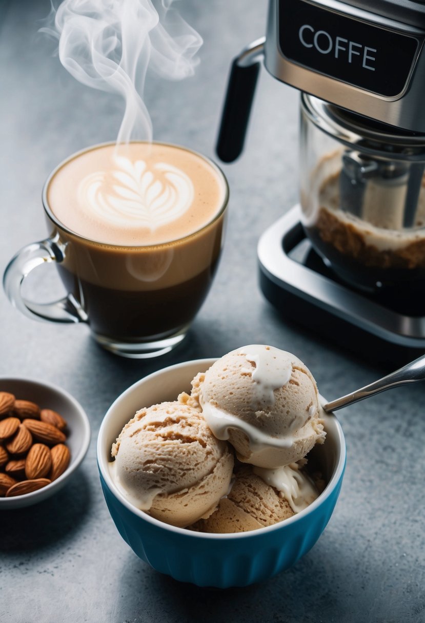 A steaming cup of almond fudge latte sits next to a churned batch of keto coffee ice cream, made with a specialized machine