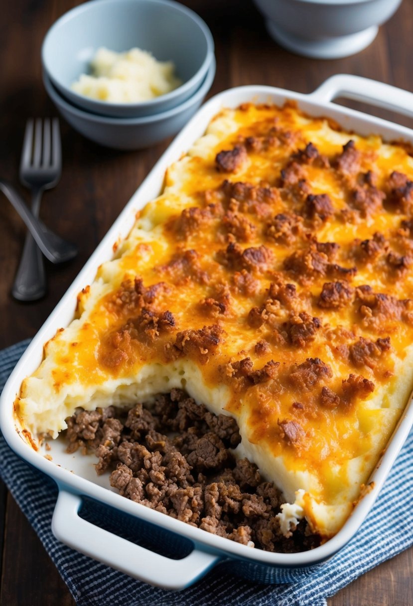 A bubbling casserole dish filled with layers of seasoned ground beef, creamy mashed potatoes, and golden brown crust