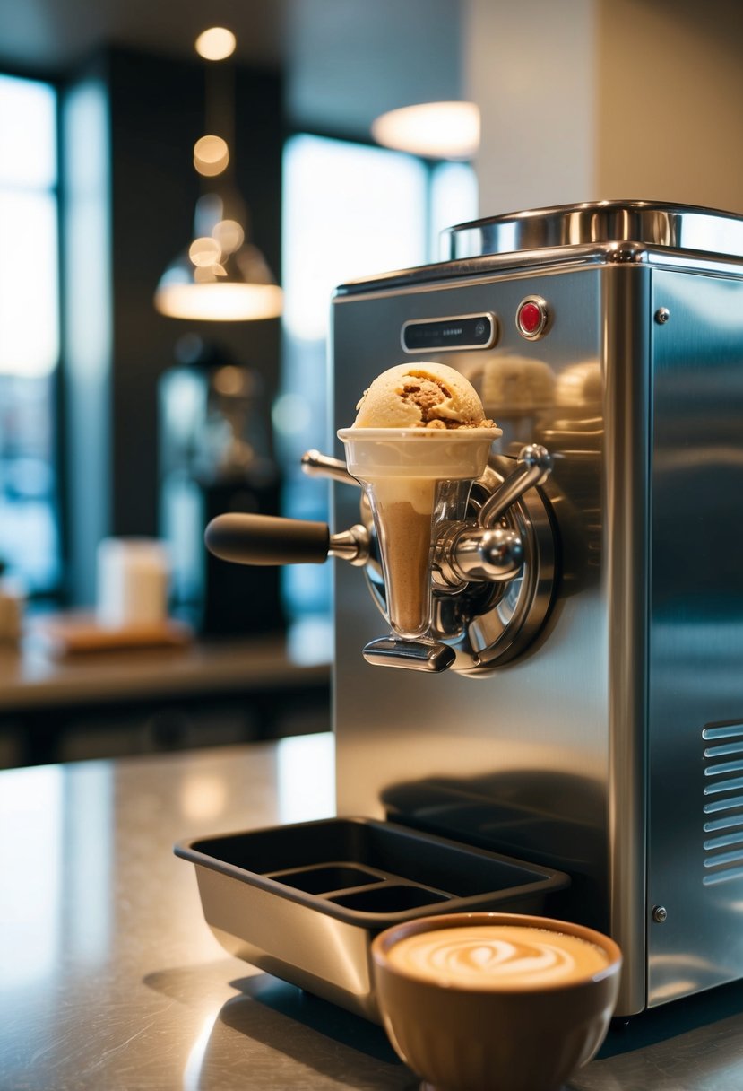 A sleek, modern coffee ice cream machine churns out a batch of butter pecan espresso freeze keto ice cream