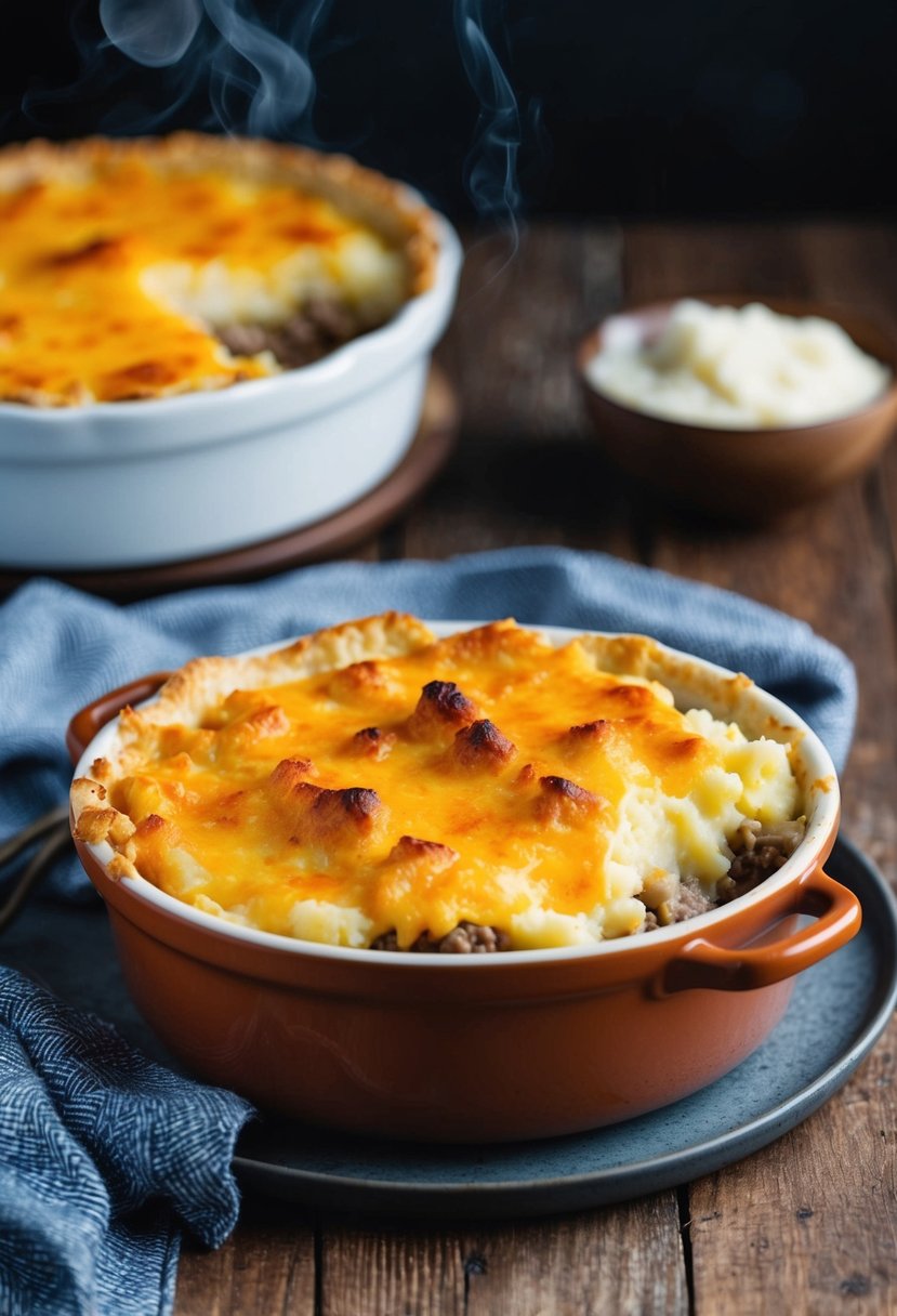 A steaming dish of shepherd's pie with cheesy mashed potatoes, topped with golden brown crust, sits on a rustic wooden table