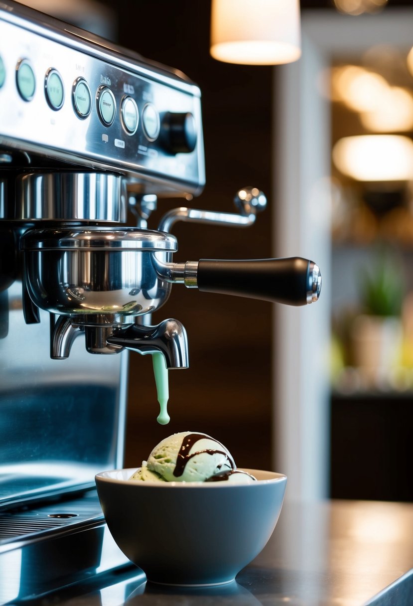 A sleek coffee machine dispenses dark chocolate mint mocha keto ice cream into a waiting bowl