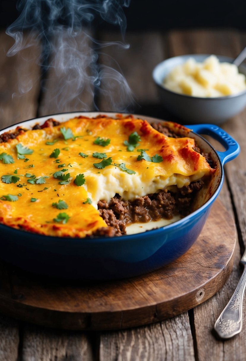 A steaming dish of Mexican-style shepherd's pie, with layers of seasoned ground beef, mashed potatoes, and melted cheese, sits on a rustic wooden table