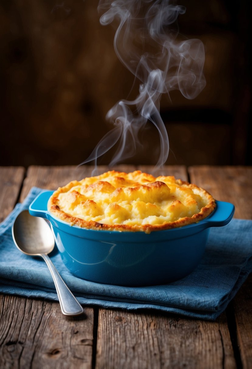 A bubbling Guinness Shepherd's Pie sits on a rustic table, steam rising from the golden mashed potato topping