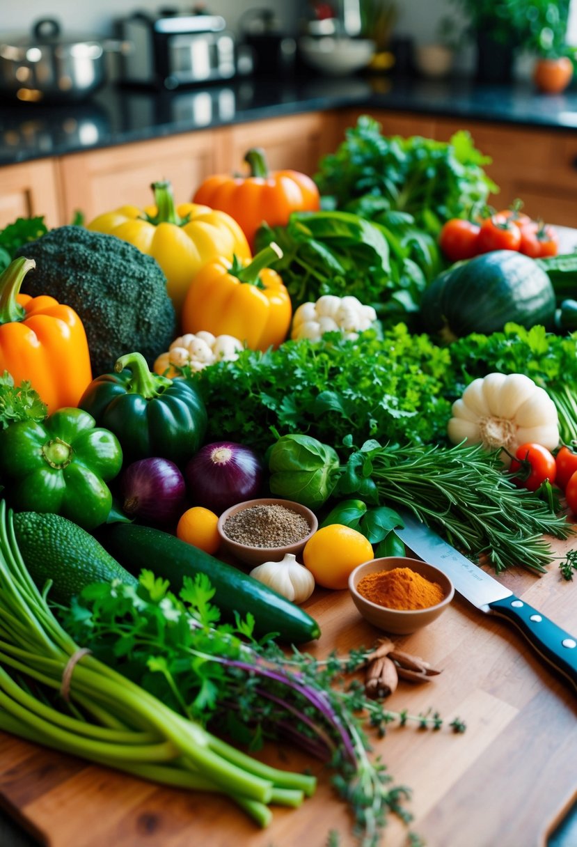 A colorful array of fresh vegetables, herbs, and spices arranged on a kitchen counter, with a cutting board and knife ready for meal preparation