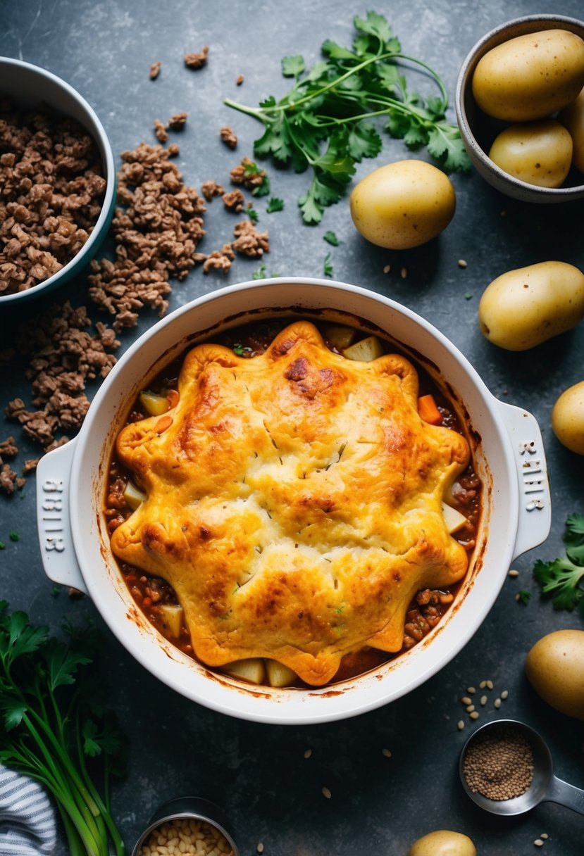 A rustic kitchen counter with a bubbling dish of cottage pie, surrounded by scattered ingredients like ground beef, potatoes, and vegetables