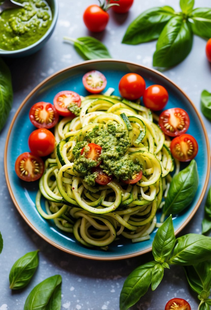 A colorful plate of zucchini noodles topped with vibrant pesto sauce, surrounded by fresh basil leaves and cherry tomatoes