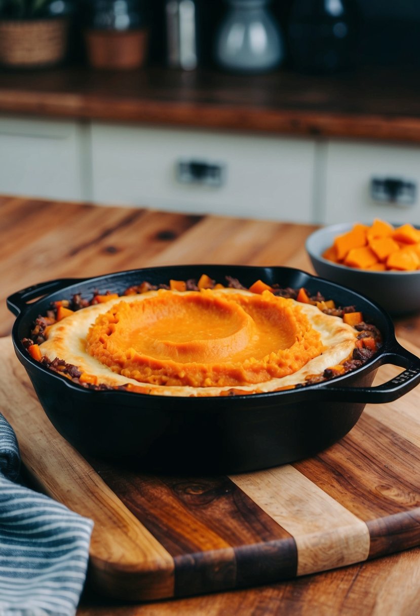 A rustic kitchen counter with a bubbling shepherd's pie in a cast iron skillet, topped with golden-brown sweet potato mash