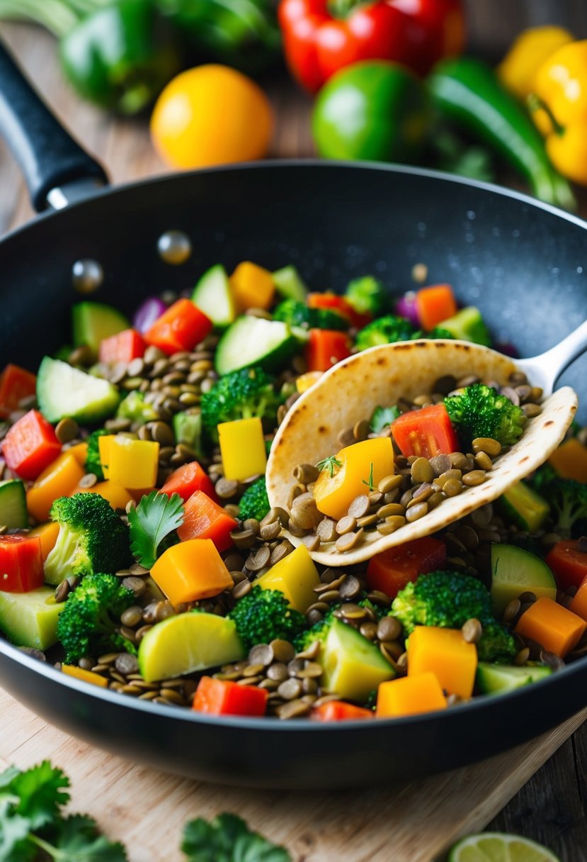 A colorful array of fresh vegetables and lentils sizzling in a pan, ready to be scooped onto a warm tortilla for a flavorful and healthy taco dinner