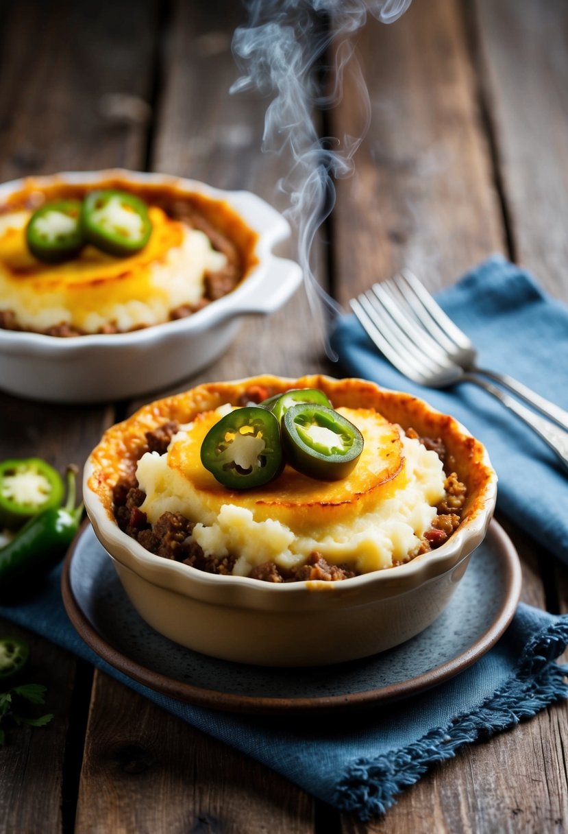 A steaming spicy shepherd's pie sits on a rustic wooden table, topped with jalapenos and filled with savory ground beef and creamy mashed potatoes