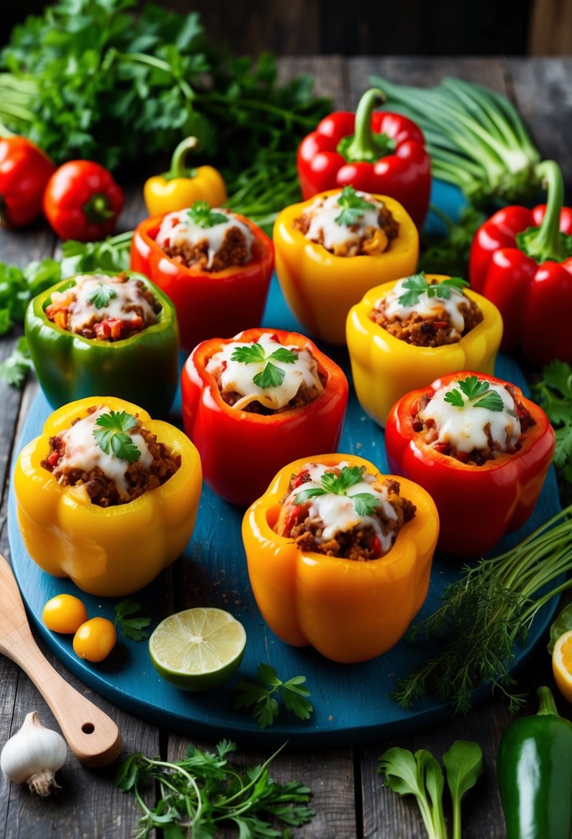 A colorful array of stuffed bell peppers, surrounded by fresh vegetables and herbs, on a rustic wooden table