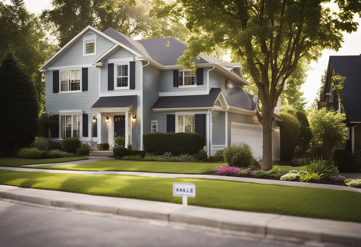 A suburban house with a "For Sale" sign in the yard, surrounded by other similar homes in a well-maintained neighborhood