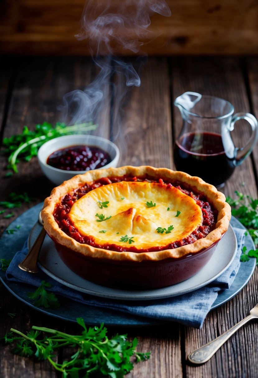 A steaming shepherd's pie sits on a rustic wooden table, surrounded by a rich red wine sauce in a small pitcher and scattered herbs