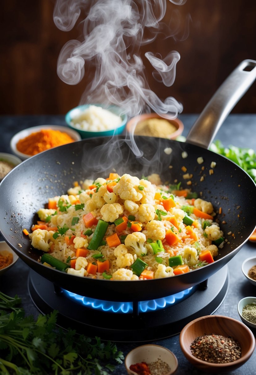 A sizzling wok filled with colorful vegetables and cauliflower rice, steam rising, surrounded by various spices and herbs