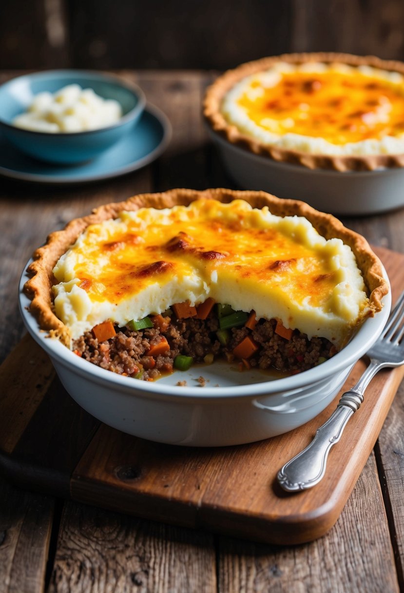 A bubbling shepherd's pie sits on a rustic wooden table, filled with colorful layers of ground beef, mixed vegetables, and creamy mashed potatoes on top