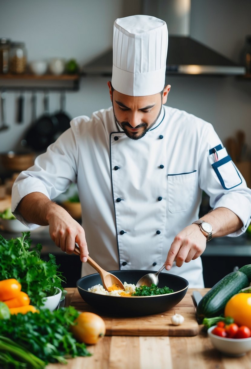 A chef preparing ingredients for a dish, surrounded by fresh produce and cooking utensils