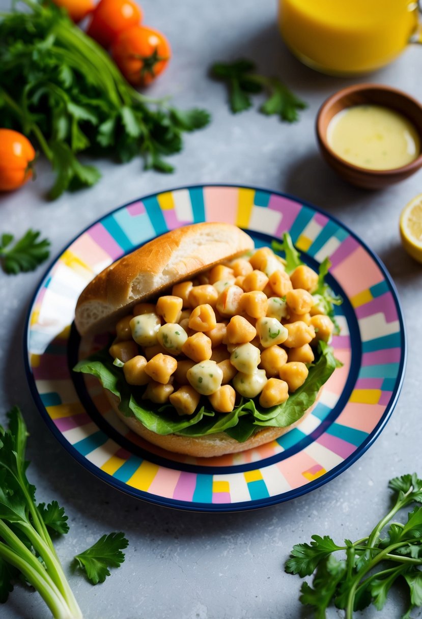 A colorful plate with a chickpea salad sandwich, surrounded by fresh vegetables and a light vinaigrette dressing