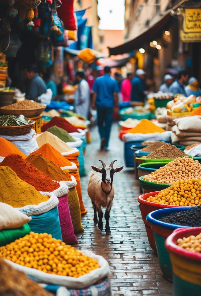 A colorful marketplace in Morocco with sacks of spices, piles of chickpeas, and a little goat wandering through the bustling scene