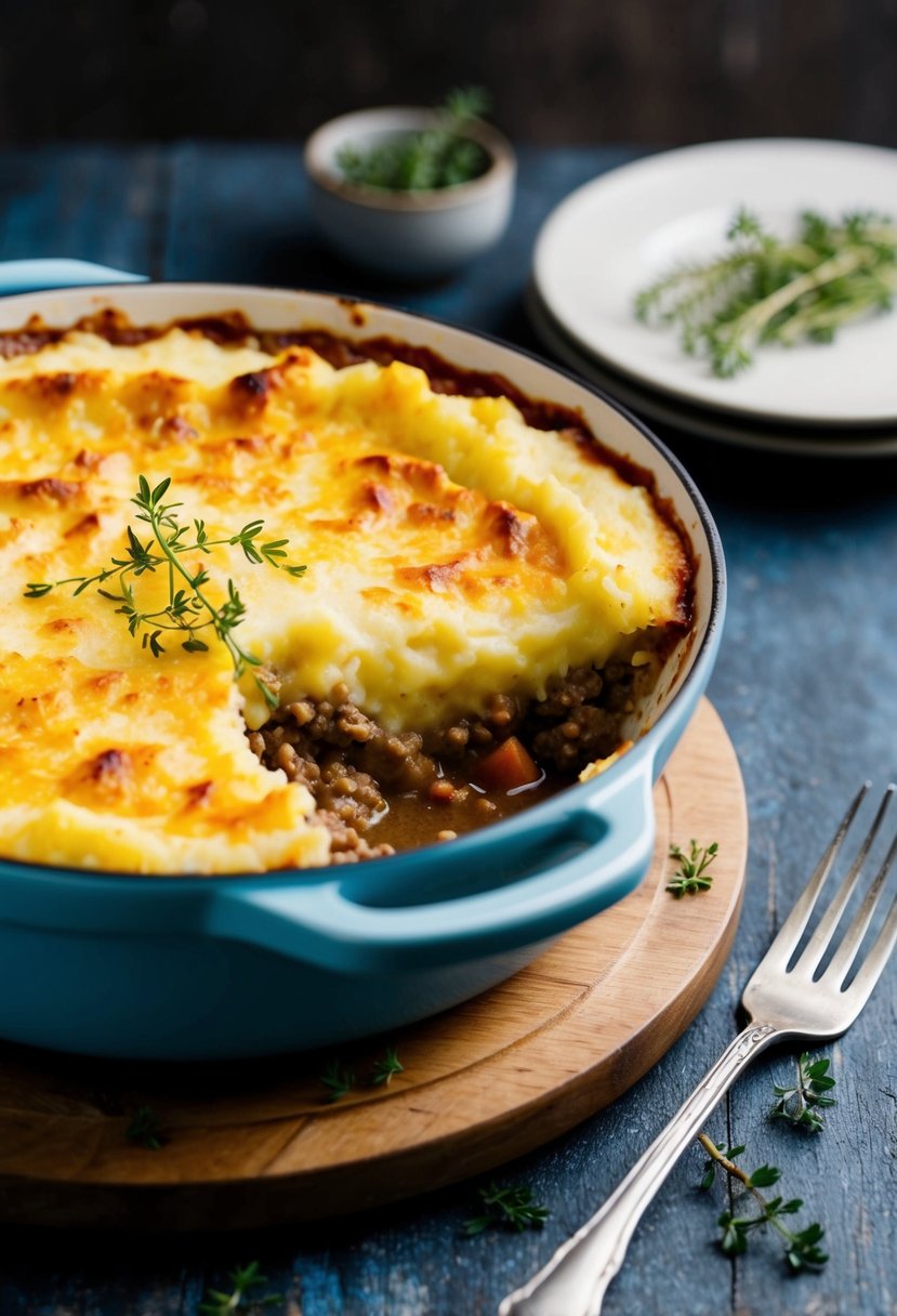 A bubbling casserole dish of Shepherd's Pie with a golden-brown garlic thyme mashed potato crust