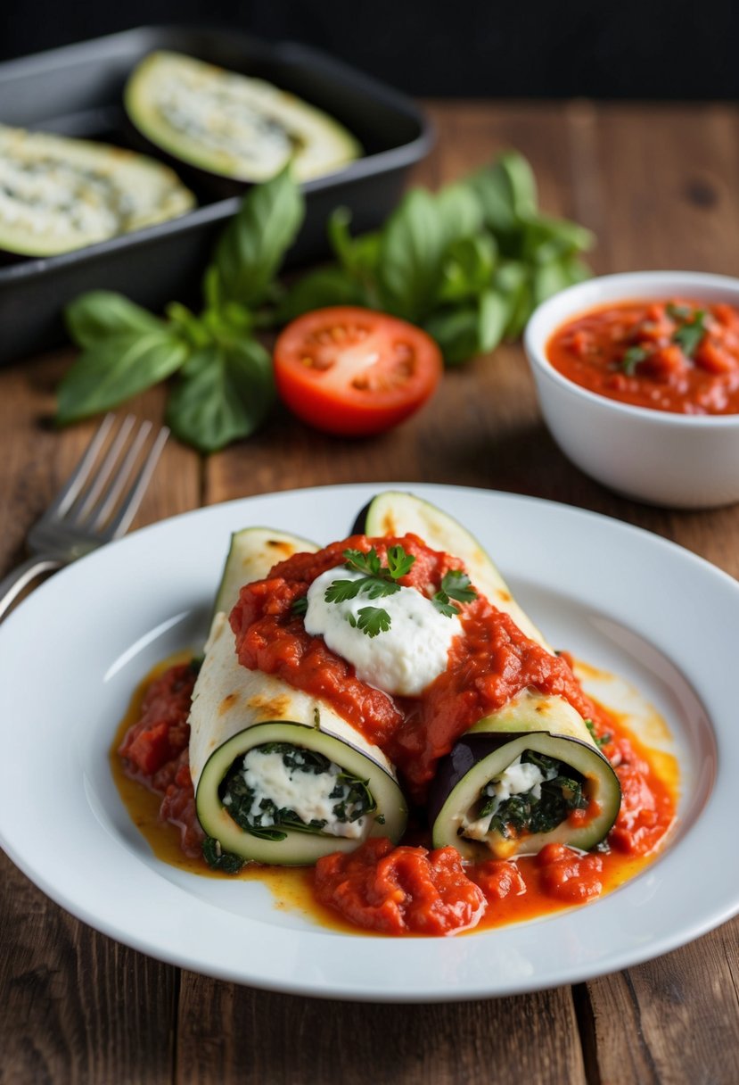 Sliced eggplant rolled with spinach and ricotta, topped with marinara sauce and baked