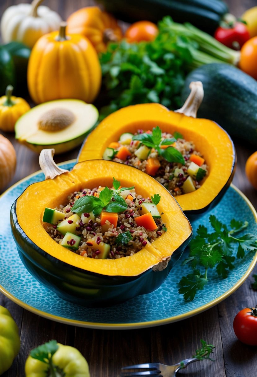 A colorful plate with halved acorn squash filled with quinoa, vegetables, and herbs, surrounded by a variety of fresh produce