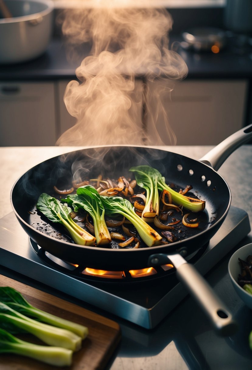 A sizzling pan of bok choy and blackened onions, steam rising, with a chef's knife and cutting board nearby