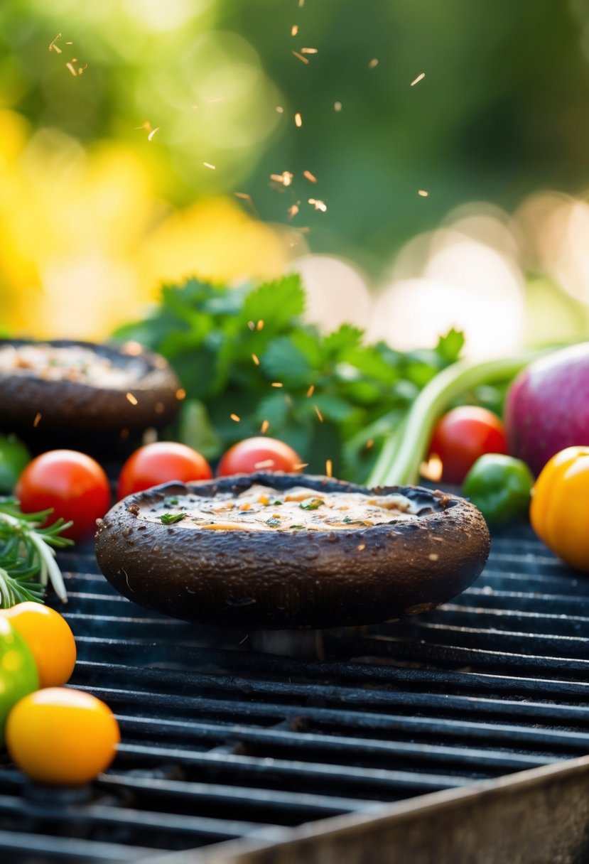 A sizzling portobello mushroom on a grill, surrounded by colorful vegetables and herbs