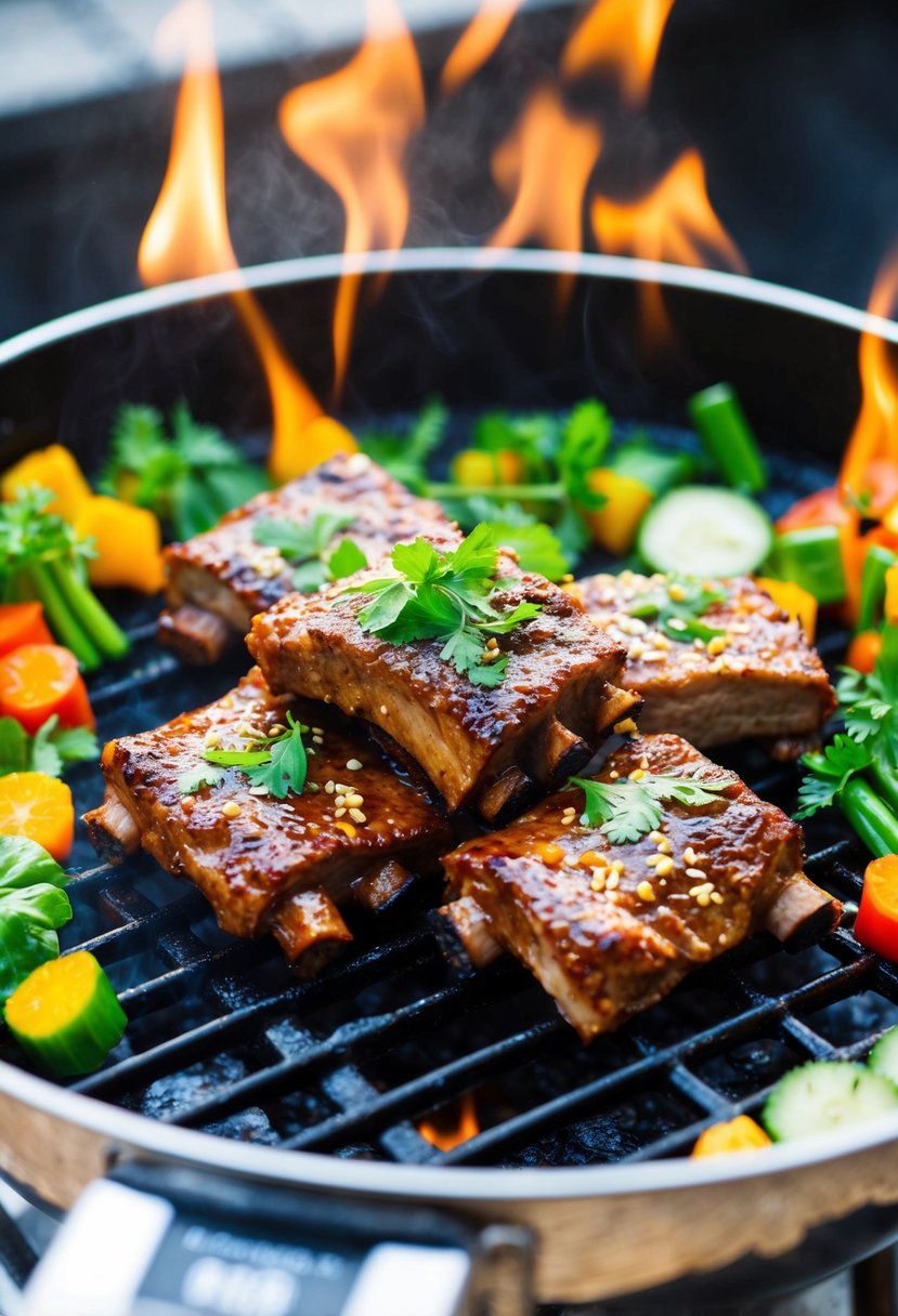 A sizzling grill with Korean-style short ribs marinated in This Little Goat Went to Seoul sauce, surrounded by vibrant vegetables and herbs