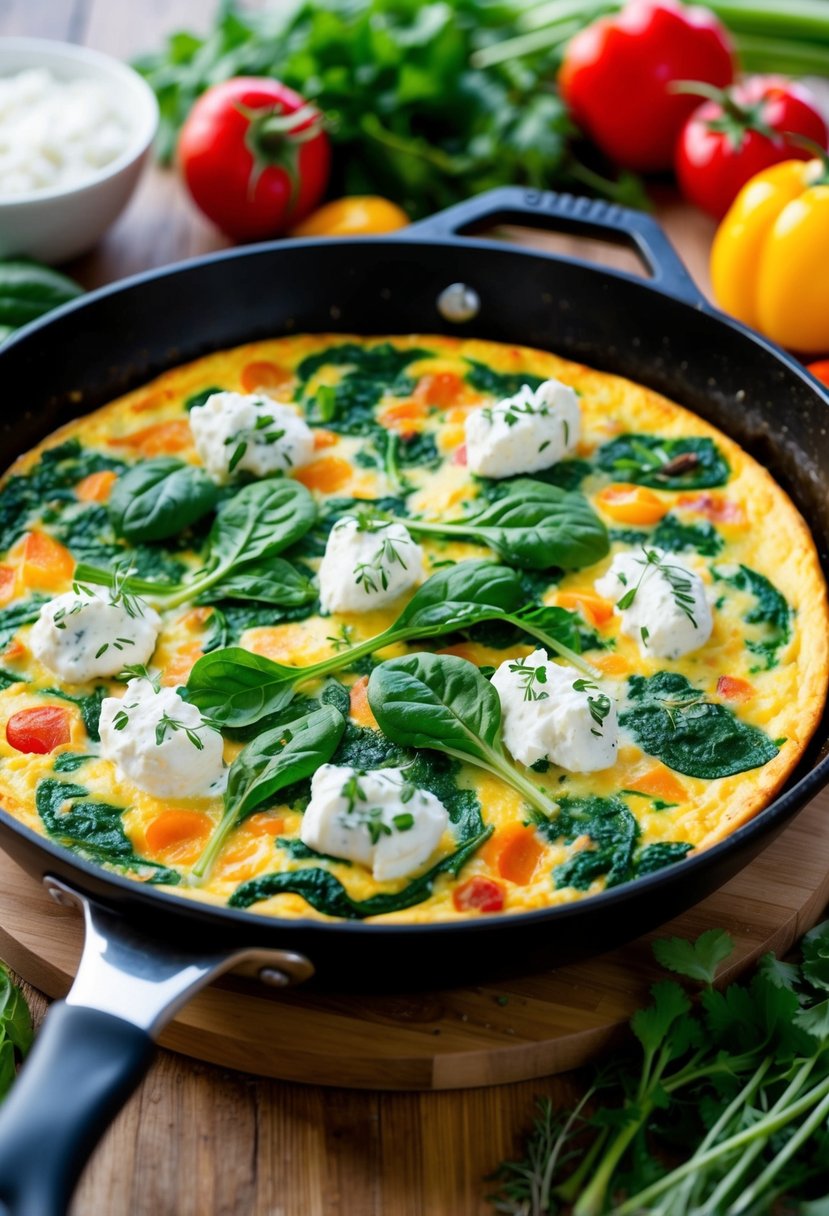 A colorful frittata sizzling in a non-stick skillet, filled with vibrant green spinach and creamy ricotta, surrounded by fresh herbs and colorful vegetables