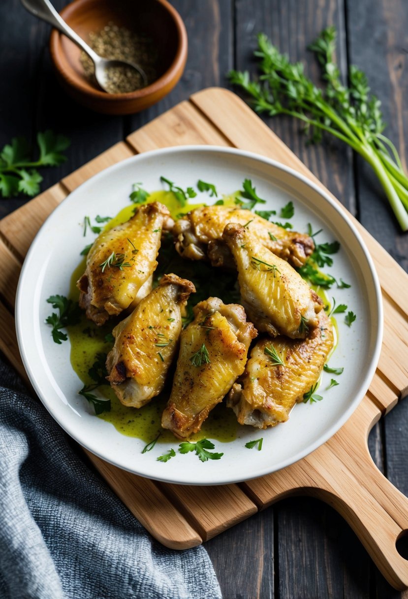 A plate of Lemongrass Chicken Wings with herbs and spices on a wooden cutting board