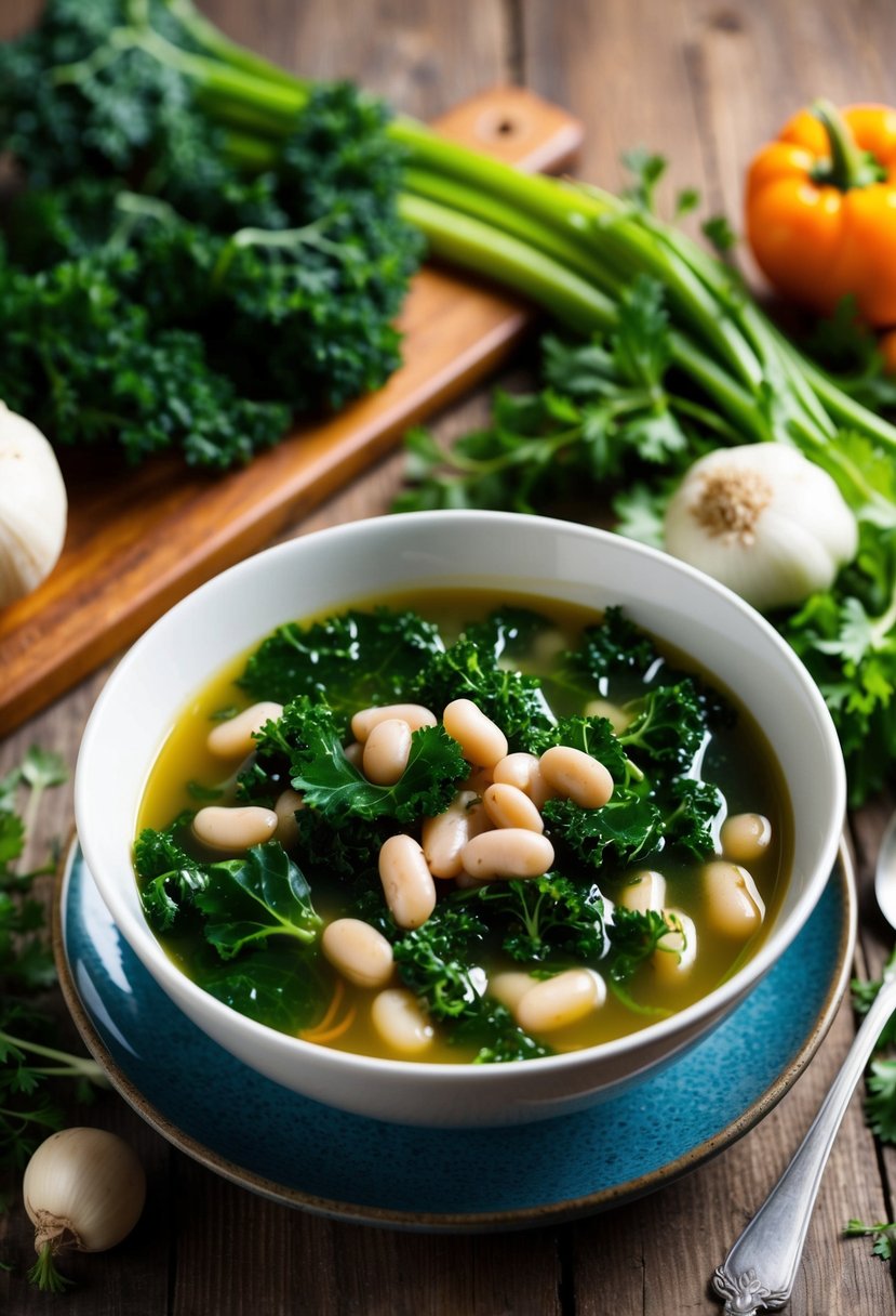 A steaming bowl of kale and white bean soup sits on a rustic wooden table, surrounded by fresh vegetables and herbs