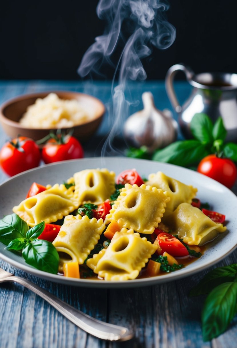 A plate of sweet and sour agnolotti surrounded by vibrant ingredients like tomatoes, basil, and garlic, with steam rising from the dish