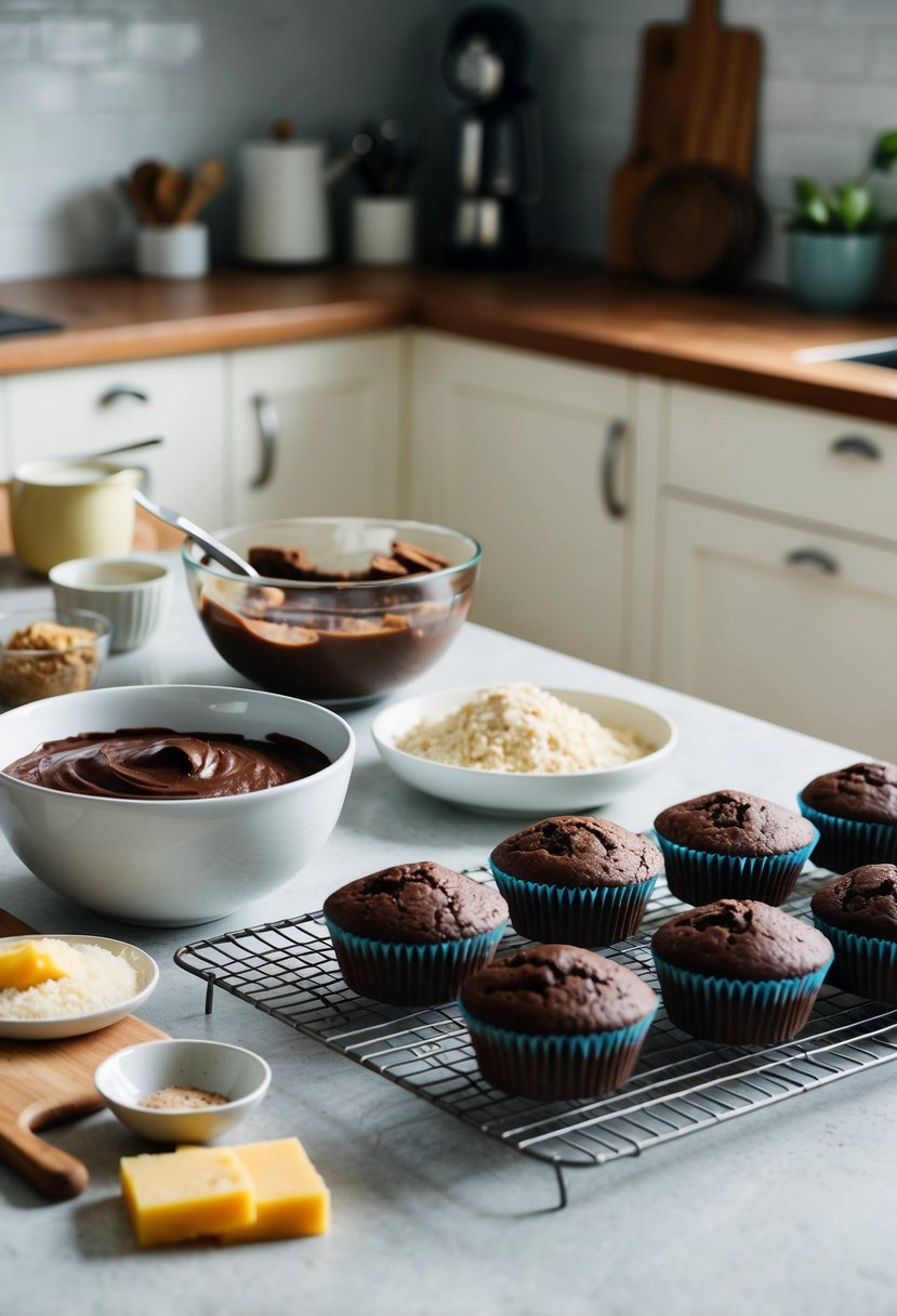 A kitchen counter with assorted baking ingredients and utensils, including a bowl of chocolate muffin batter and a tray of freshly baked muffins cooling on a wire rack