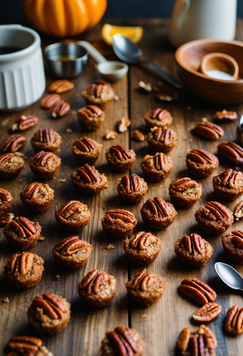 A wooden table scattered with sticky pecan bites, surrounded by ingredients and utensils