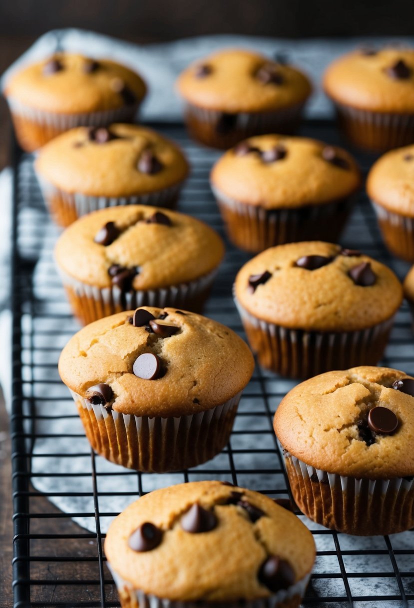 A batch of chocolate chip muffins cooling on a wire rack