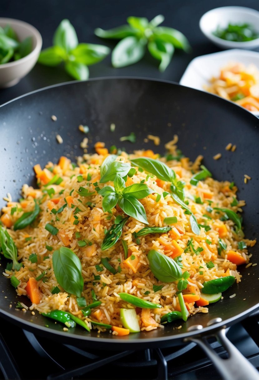 A wok sizzles as Thai basil fried rice is tossed with colorful vegetables and fragrant herbs